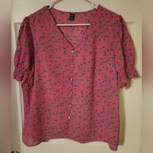 Shein Women's V-Neck Puff Sleeve Blouse Pink and Blue Floral Print Size XL
